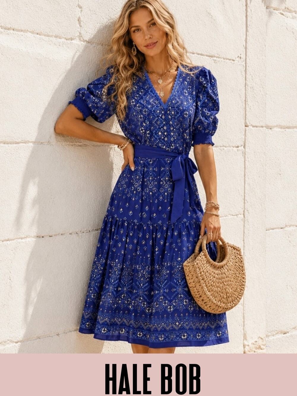 Hale Bob embroidered dress midi puff sleeves tiered skirt belted Small